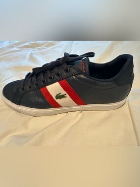 Lacoste Leather Sneaker with Red & White Stripe- size 8